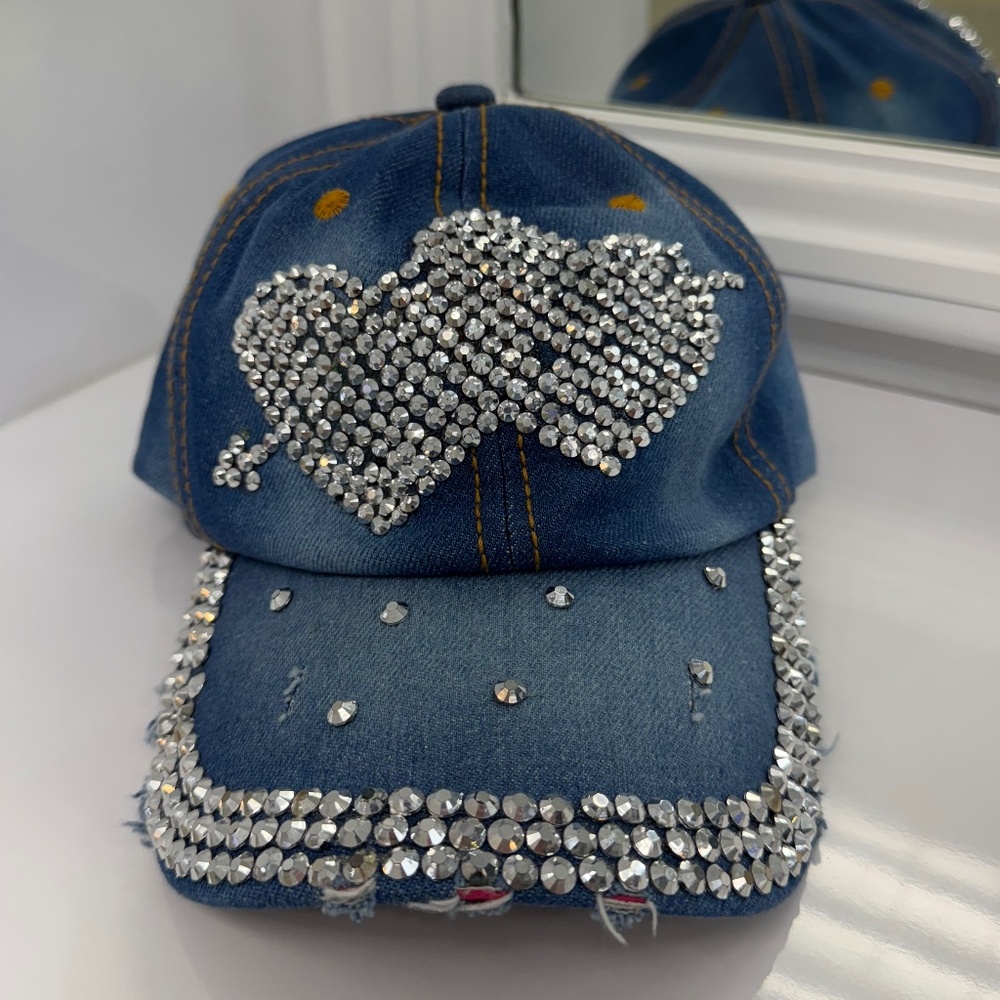 Bedazzled Denim Baseball Cap with Beaded Hearts -Adjustable Strap